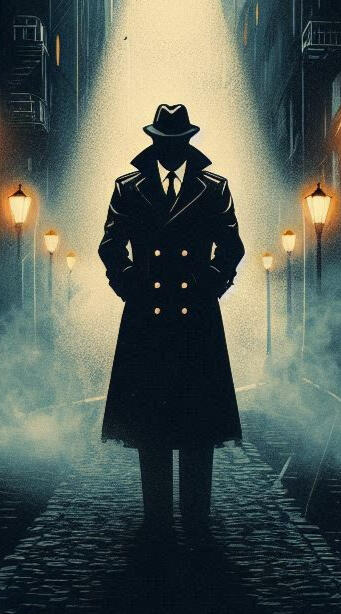 the noir detective streams through the fog the noir detective streams through the fog he's back lit by over head lights obscuring his face but he walks with confidence out on the beat solving crime