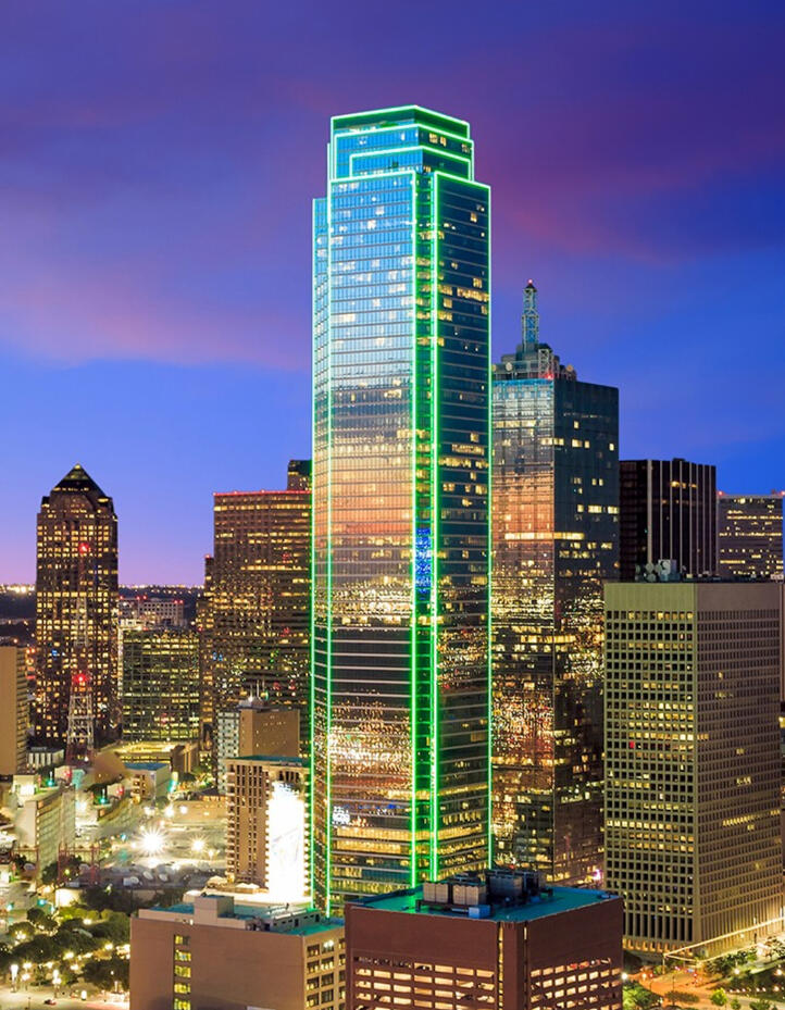 BANK OF AMERICA TOWER IN DOWNTOWN DALLAS AT NIGHT BANK OF AMERICA TOWER IN DOWNTOWN DALLAS FROM ONE OF OUR NIGHT TIME TRUE CRIME WALKING TOURS